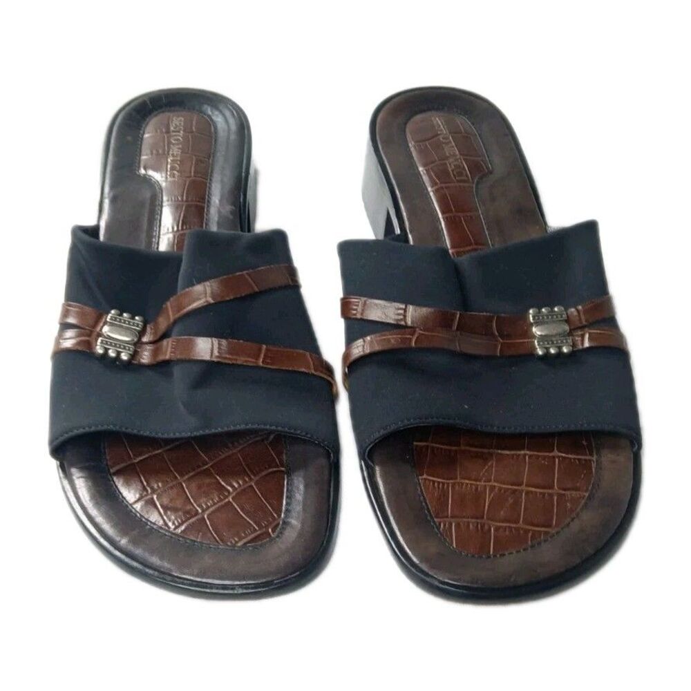 Vintage Sesto Meucci Sandals Women's Sz 9 .5 Black & Brown Fabric~ Leather Trim